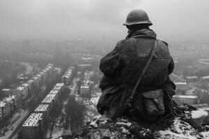 ai generado conmovedor tiempo de guerra retrato, sacrificio y valentía en un de soldado emocional fotografía desde el segundo genial guerra, un poderoso representación de humano Peaje y Resiliencia en medio de lucha para libertad foto