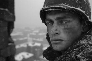 AI generated Poignant wartime portrait, sacrifice and bravery in a soldier's emotional photograph from the second great war, a powerful depiction of human toll and resilience amidst fight for liberty photo