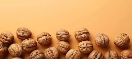 AI generated Assorted nuts on light brown background with ample space for strategically placed text photo