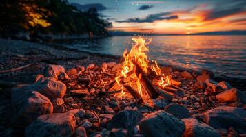 AI generated Nighttime campfire illuminates tourist campsite with flames and sparks on dark background photo