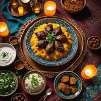 ai generado mandi - un Arábica plato consistente de horneado arroz con sazonado carne foto