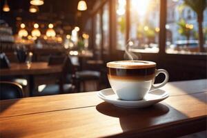 AI generated Coffee in a cup on a wooden table in a cafe with lighting in the background photo