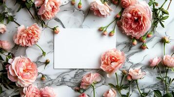 ai generado primavera serenidad elegante Boda celebración saludo tarjeta adornado con flores en un ligero foto