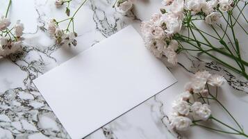 ai generado primavera serenidad elegante Boda celebración saludo tarjeta adornado con blanco flores en un ligero foto