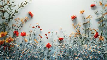 ai generado primavera serenidad elegante Boda celebración saludo tarjeta adornado con flores en un ligero foto