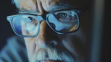 AI generated Deep Focus Glasses-Wearing Individual Analyzing Programming Code on Computer Screen, Older Generation Mastery of Technology with Cyber Security Reflecting on Face. photo