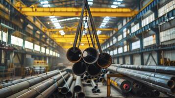 AI generated Pipe Transportation Completed, Overhead Crane in Factory photo