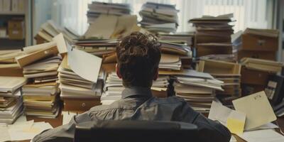 AI generated Weary Worker, Exhausted Man Sits Amidst Piles of Folders and Papers in Office, Viewed from Behind. photo