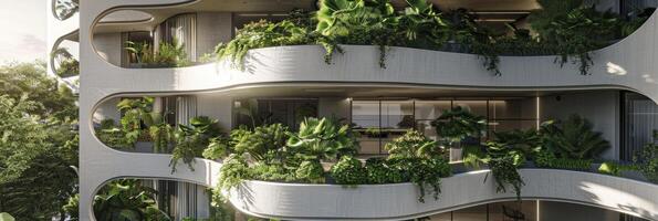 ai generado moderno arquitectónico maravilla, edificio con lozano verde balcones sin problemas integrado dentro urbano ambiente foto