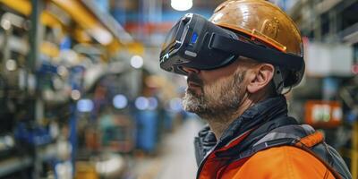 AI generated Immersed in Conversation, Man Wearing a VR Headset, Amidst the Bustle of an Industrial Setting photo