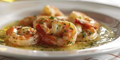 AI generated Stock of Shrimp Scampi, Plump Shrimp Luxuriating in a Flavorful Garlic and Butter Sauce. photo