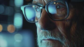 AI generated Deep Focus Glasses-Wearing Individual Analyzing Programming Code on Computer Screen, Older Generation Mastery of Technology with Cyber Security Reflecting on Face. photo