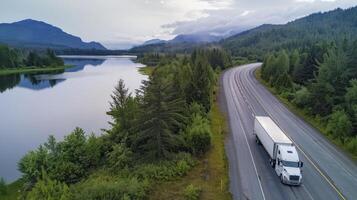 ai generado viaje a través de el tierra, grande blanco semi camión transportar comercial carga en refrigerado remolque viajes abajo la carretera cerca lago, rodeado por lozano verdor. foto