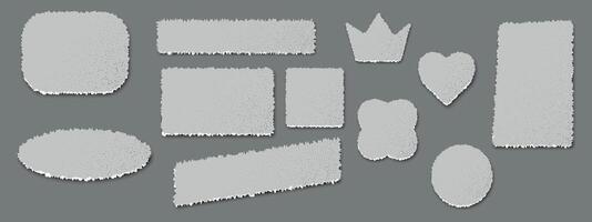 Kit silhouettes of a torn piece of gray paper. Rectangle, square, heart, crown, circle blank space for text. Lacerated sheet element, isolated shred fragment. Scrapbook blank header. vector