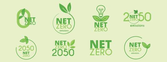 8 icons in green color Net Zero and Carbon Neutral. Vector eco-friendly symbols of leaf, bulb, green, nature