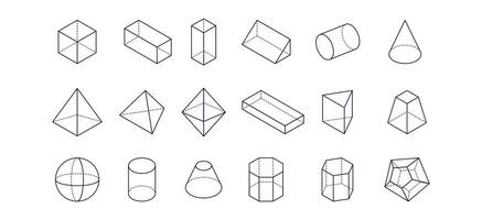 Set of vector line icons of geometric shapes. Cube, sphere, cone, cylinder, pyramid and other 3d geometrical figures. Outline signs