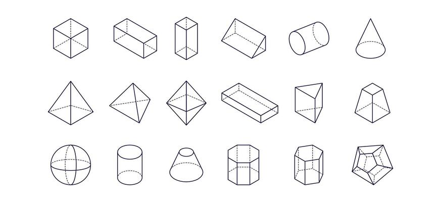 Set of vector line icons of geometric shapes. Cube, sphere, cone, cylinder, pyramid and other 3d geometrical figures. Outline signs