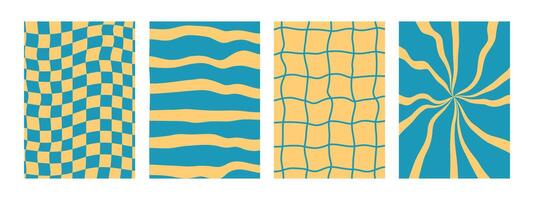 4 groovy Y2K patterns. Retro checkerboard, wavy vector background with a cute and psychedelic twist. Distorted grid in blue and yellow