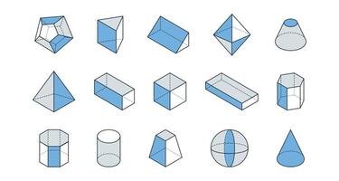 geométrico formas línea íconos conjunto en azul y gris. básico estereometría cifras. 3d cubo, esfera, cono, cono, cilindro, pirámide vector ilustración