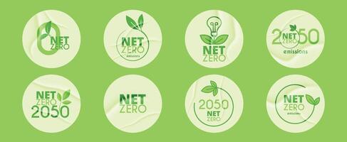 Net Zero and Carbon Neutral Concepts. 8 round glued stickers. Carbon emissions reduction icon, sustainable and green energy. ESG and CO2 neutral logo. Vector illustration on green background