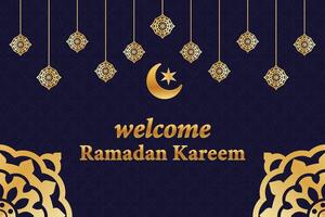 Bienvenido Ramadán kareem islámico antecedentes con linterna creciente Luna estrellas y mandala modelo dorado color islámico saludos. Ramadán Mubarak islámico festival decoración santo mes celebracion bandera. vector