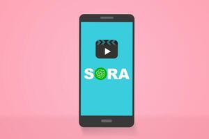 Sora AI logo online video generator on smartphone screen vector. Mobile phone with Sora icon. Sora is a artificial intelligence of text to video generator, video model of OpenAI chatGPT. vector