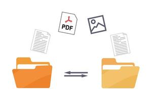 File transfer computer folder to folder. File sharing file exchange File copying and pasting upload and download concept. Transferring Document, Video, image and PDF Files, data backup Monitor Screen. vector