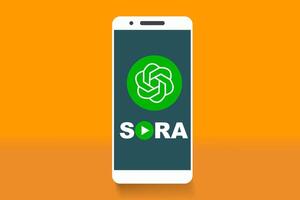 Sora AI logo online video generator on smartphone screen vector. Mobile phone with Sora icon. Sora is a artificial intelligence of text to video generator, video model of OpenAI chatGPT. vector