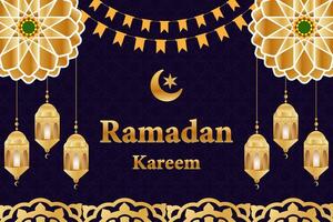 Ramadán kareem islámico antecedentes con linterna creciente Luna estrellas y mandala modelo dorado color islámico saludos. Ramadán Mubarak islámico festival decoración santo mes celebracion bandera, invitación. vector