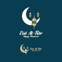 Eid al Fitr Mubarak logo design with the concept of lanterns and mosques. Logo for greetings, friendship, Muslims and celebration vector