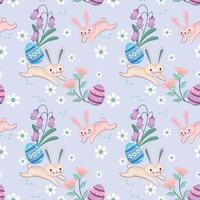 Bunny with Easter egg and flowers seamless pattern vector