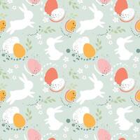 Bunny with Easter egg and flowers seamless pattern vector
