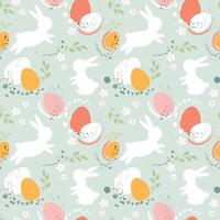 Bunny with Easter egg and flowers seamless pattern vector