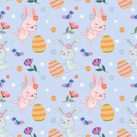 Bunny with Easter egg and flowers seamless pattern vector