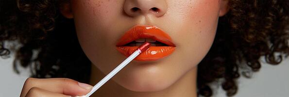 ai generado un de cerca de un mujer aplicando brillante naranja lápiz labial, exhibiendo detallado maquillaje arte con Copiar espacio. foto