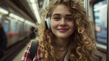 ai generado un joven mujer con Rizado pelo y auriculares sonriente en un subterraneo, disfrutando su urbano desplazarse. Copiar espacio. foto