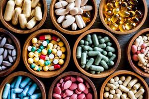 AI Generated A close-up view of various dietary supplements and vitamins in capsule and tablet forms. photo