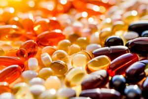 AI Generated  A diverse collection of colorful capsules and pills in bright light, symbolizing health and medicine, copy space. photo