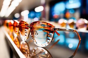 AI Generated Close-up of stylish glasses with reflective lenses on a glowing display. photo