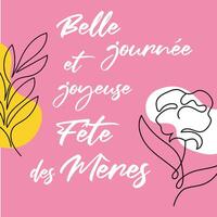 Mother day greeting card in French language. Vector line art design with peony.