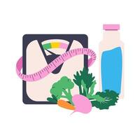 Handdrawn scales, green vegetables and bottle of water. Vector weight loss and healthy lifestyle concept.