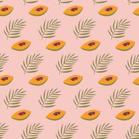 Seamless pattern with papaya and palm leaf. Handdrawn vector design on peach background.