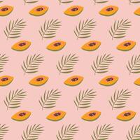 Seamless pattern with papaya and palm leaf. Handdrawn vector design on peach background.