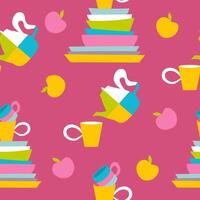 Bright pink pattern with teapot, cup and apples. Colourful seamless design of eclectic kitchen decor. vector