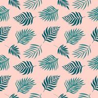 Handdrawn tropical pattern with green palm leaves. Seamless vector design on peach background.