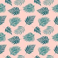 Handdrawn tropical pattern with green palm leaves. Seamless vector design on peach background.