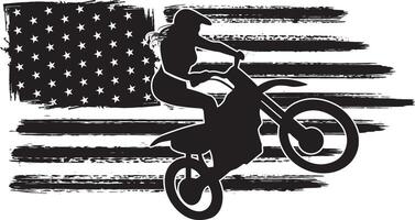 A dirt bike motocross girl silhouette with American flag featuring the support of American women motocross that compete in the sport. vector