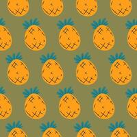 Colourful pattern with handdrawn pineapple on green background. Vector seamless design.