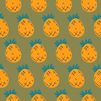 Colourful pattern with handdrawn pineapple on green background. Vector seamless design.