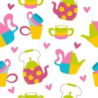 Seamless pattern with teapot, cup and heart on white background. Colourful design of eclectic kitchen decor. vector
